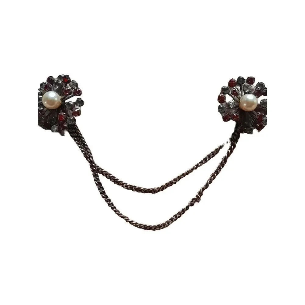 Vintage Pearl & Garnet Floral Sweater Clips with Double Chain